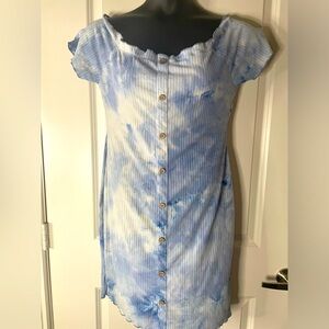 Derek Heart Blue Tie Dye Ribbed Mini Dress Off Shoulder XL Stretchy